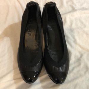 Chanel Black Leather / Patent Cap Elastic low heel